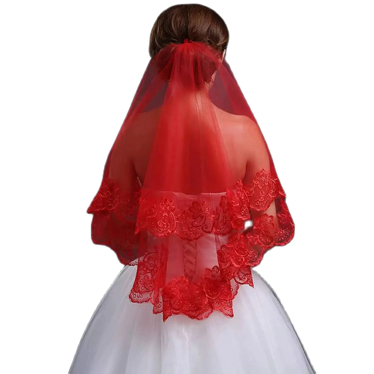 Red lace short single-layer wedding veil made of viscose fabric