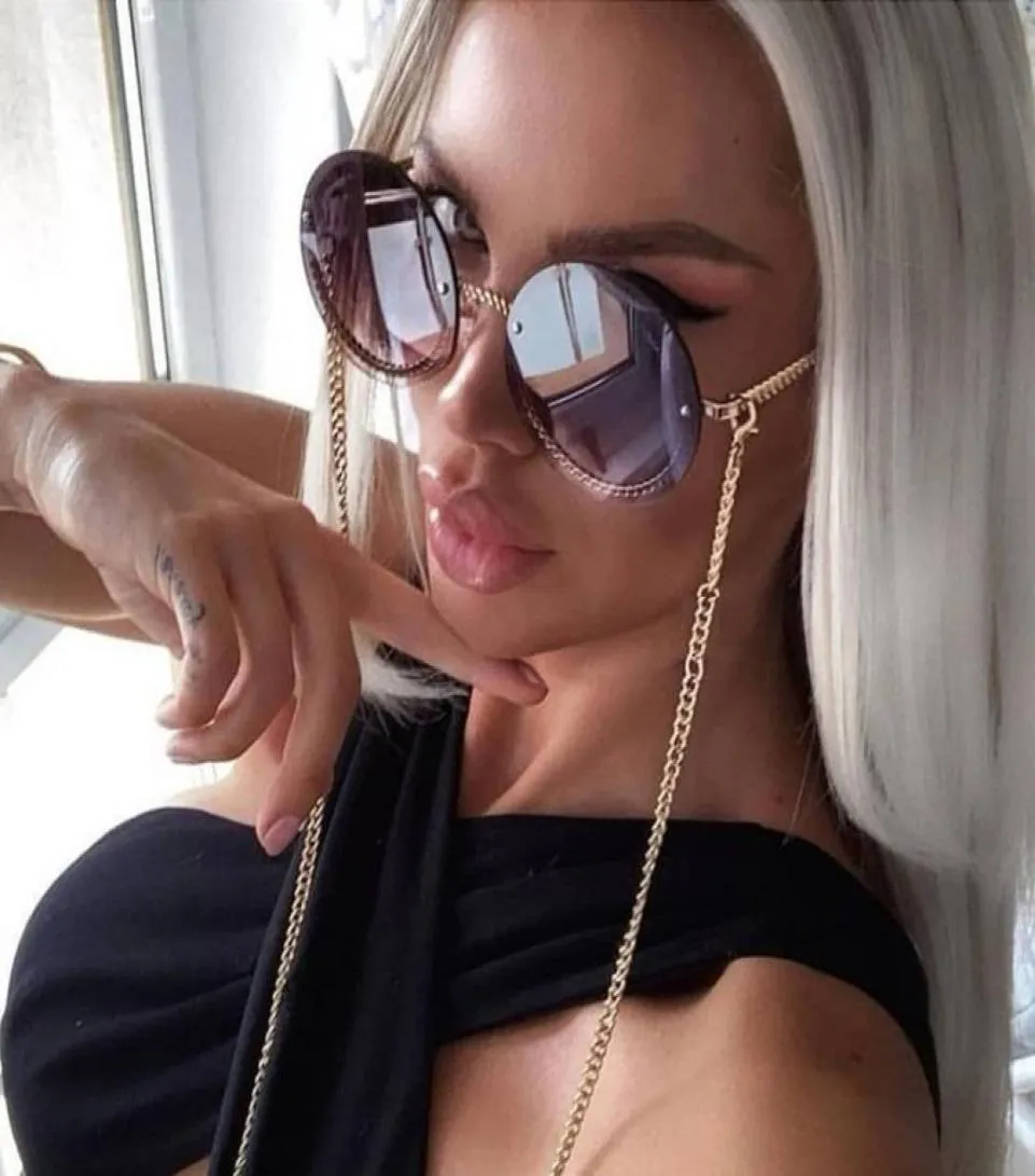 Trend Luxury Round Sunglasses Women Men Purple Shades Brand Designer Rimless Sun Glasses Pearl Chain Decoration For Female3898489