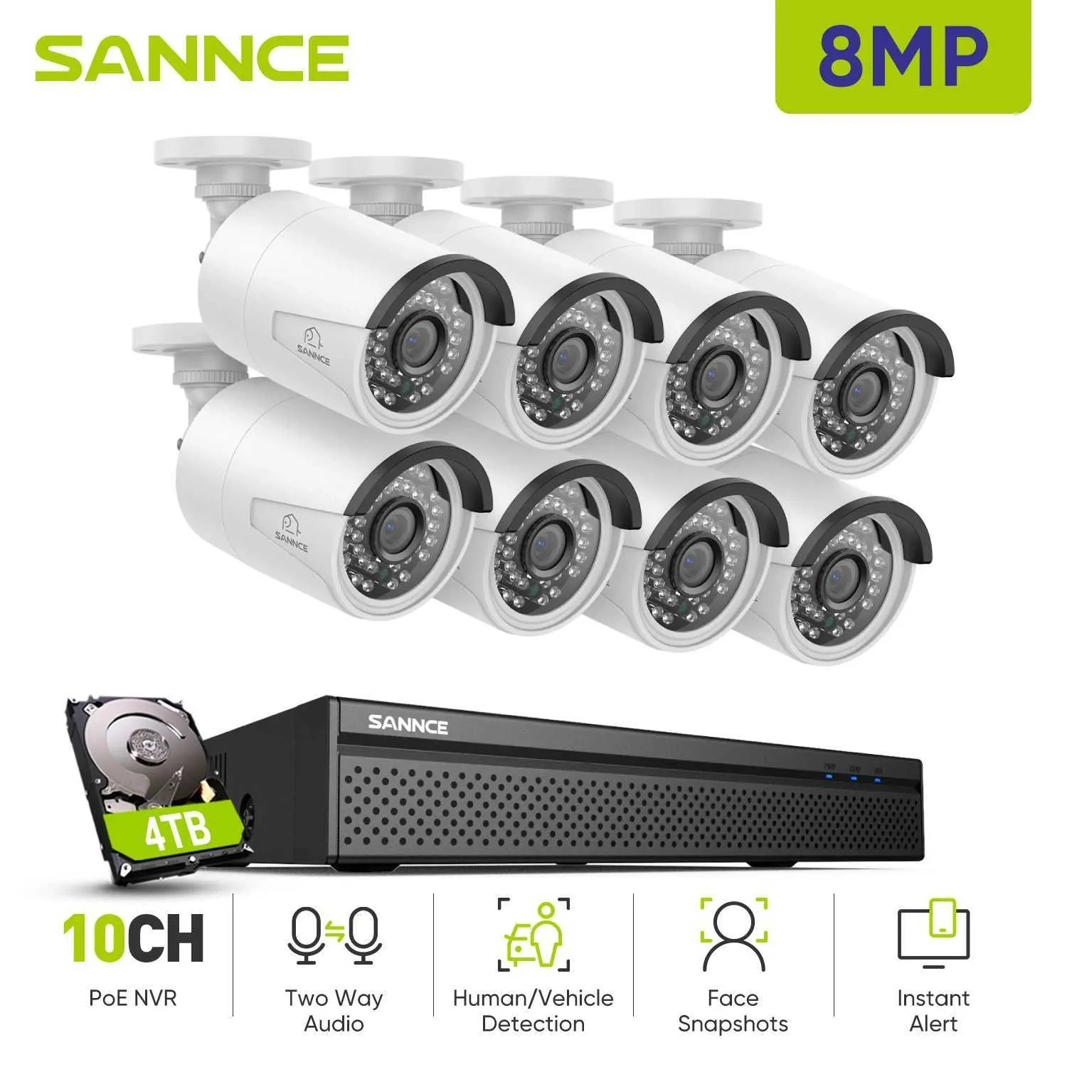 IP Kameralar Sannce 8CH 8MP Kablolu NVR POE Güvenlik Kamera Sistemi 5MP IP66 Dış Mekan IR-CUT CCTV Canera Video Gözetim Video Kaydedici Kiti 240413