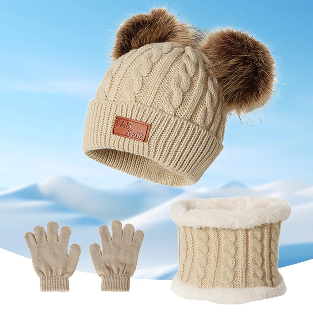 Kids Winter Hat Scarf Gloves Set Warm Knit Beanie Cap, Neck