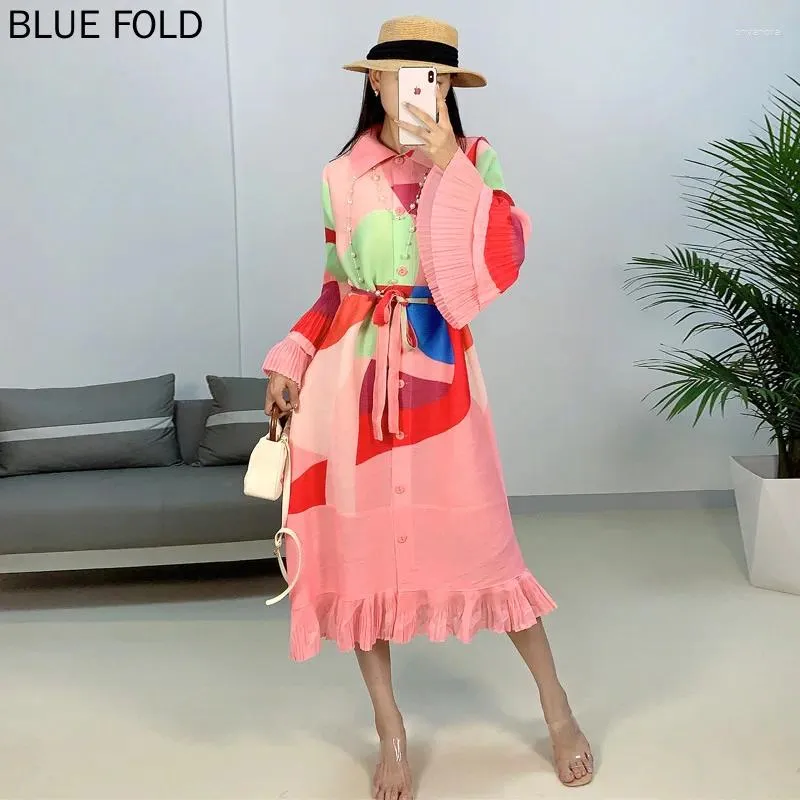 Casual Dresses Miyake 2024 Fashion Bell Sleeve Pleated Dress Women's Loose Slimming Plus Size Pleats Elegant Vestido Robe