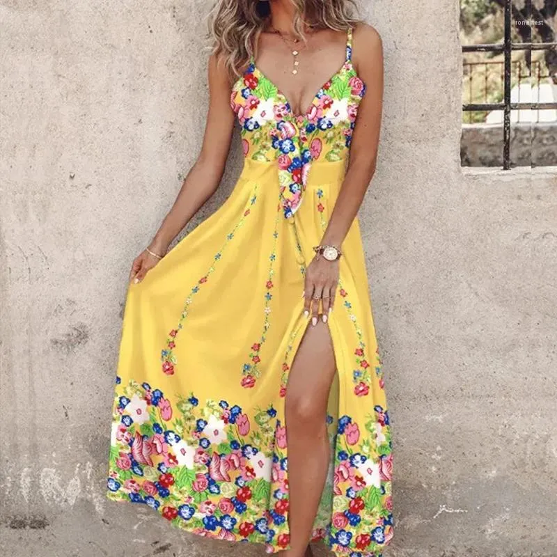 Casual Dresses Spring Floral Print Spaghetti Strap Long Dress Women Deep V Neck A-Line Bohemain Summer Sleeveless Backless Maxi