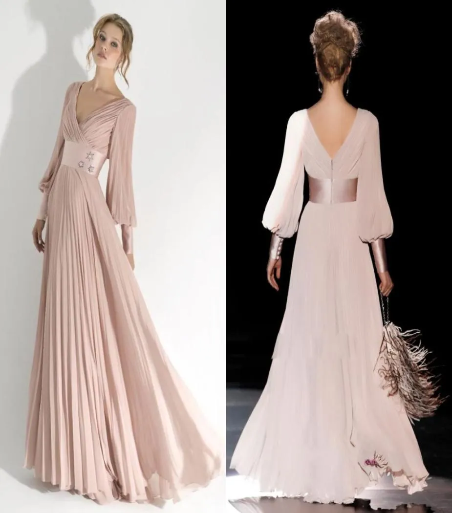 Light Pink Prom Dresses Long Sleeve Evening Formal Gown 2022 Pleated VNeck Party Dress With Satin Sash Modern Women Pageant Gowns7240466