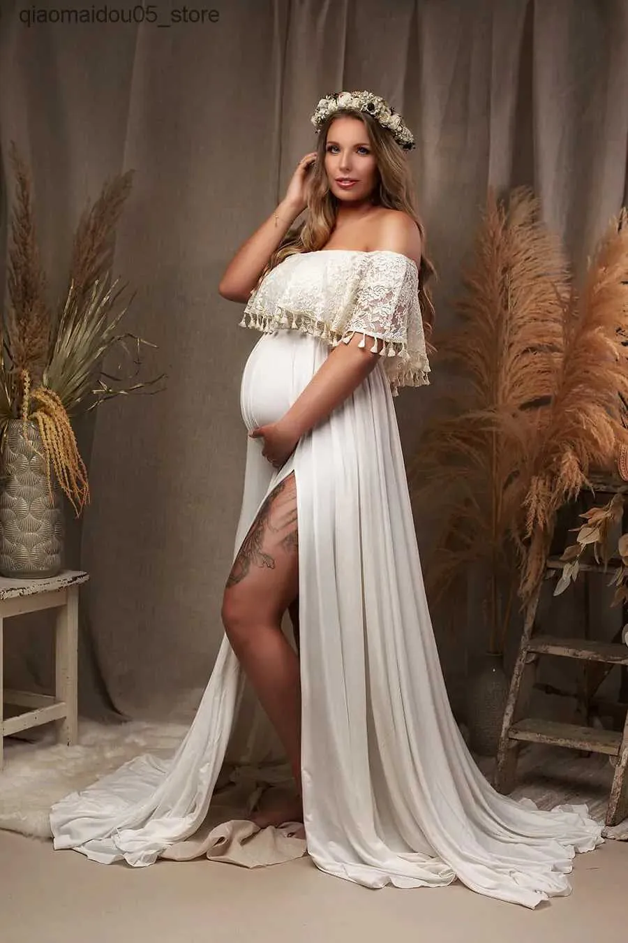 Maternity Dresses Pregnant woman photography props dresses without shoulder straps pregnant photo shooting set Bohemian wedding Q240413