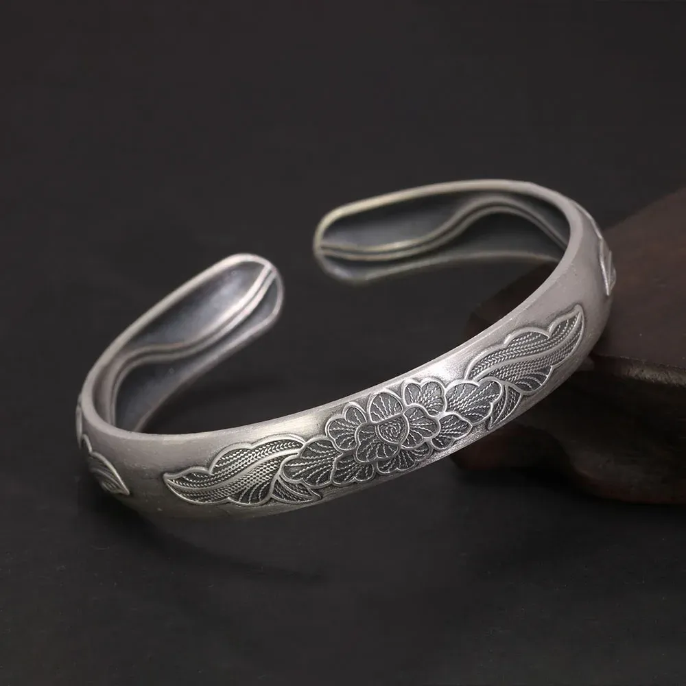 S999 Sterling Silver Vintage Peony Flower Cuff Bangles Adjustable
