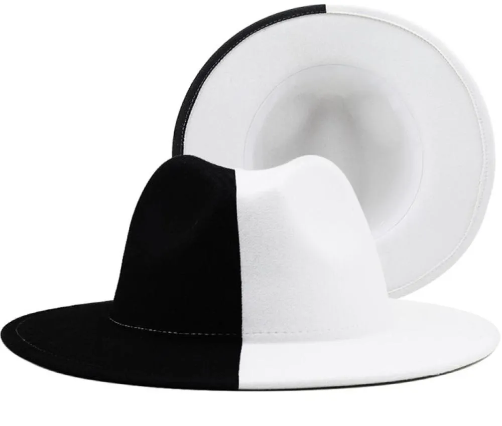 Черно -белая лоскутная шерстяная шерстяная шерсть джазовая федора шляпа женская унисекс широкий края панама вечеринка трилби ковбойская шапка мужчина джентльмен свадебная шляпа 229858340