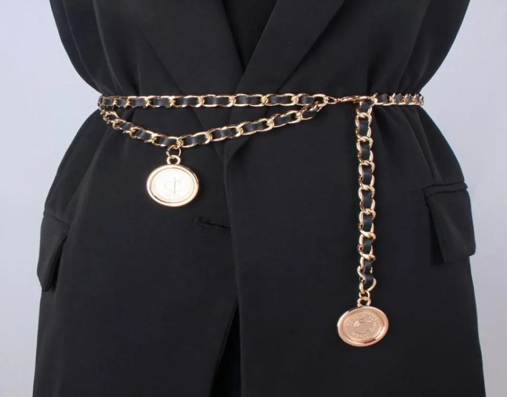 Gürtel Mode Hip High Taille Metal Kette für Frauen runde Schnalle Leder Designer Luxusgurt