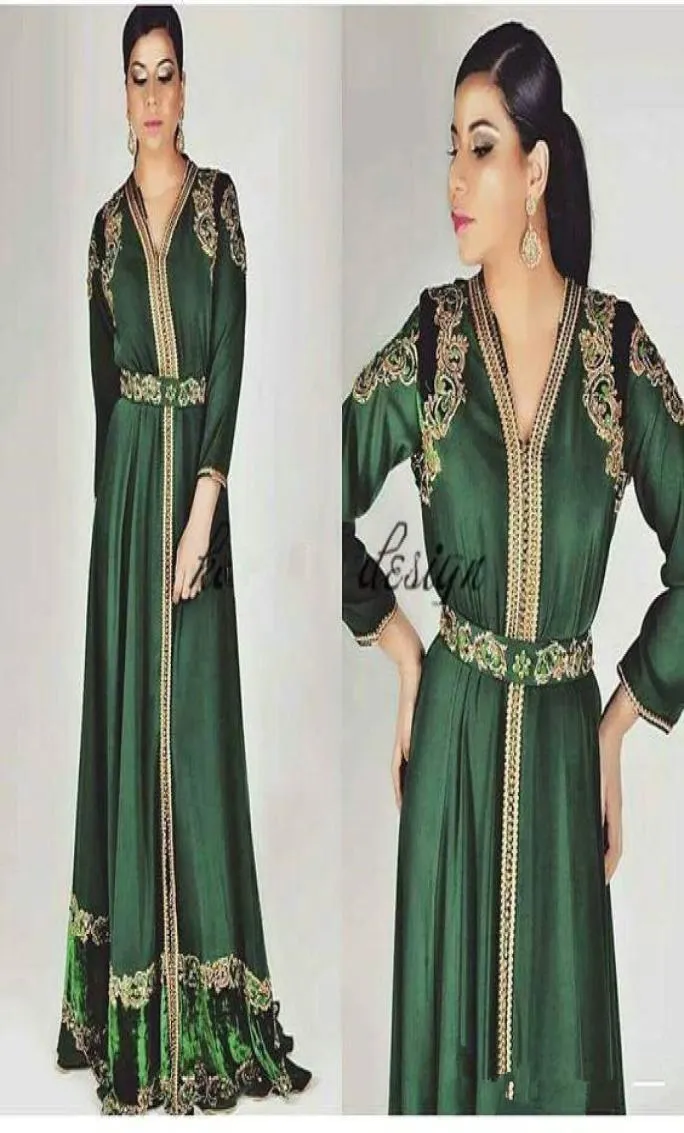 Emerald Green Fas Kaftan Uzun Kollu Balo Elbiseleri 2018 Özel Yapma Altın Nakış Kaftan Dubai Abaya Arap Akşam Giyim Gow1539044