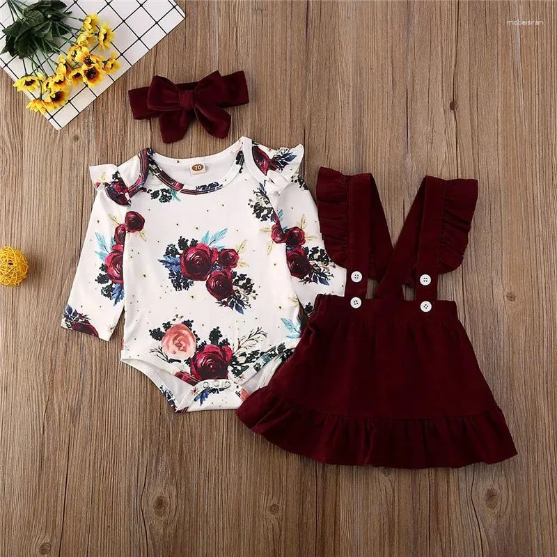 Clothing Sets 0-24months Baby Girls Skirt Set Long Sleeve Printed Romper Solid Color Ruffled Puffy Strap Dress Infant Overall Suit