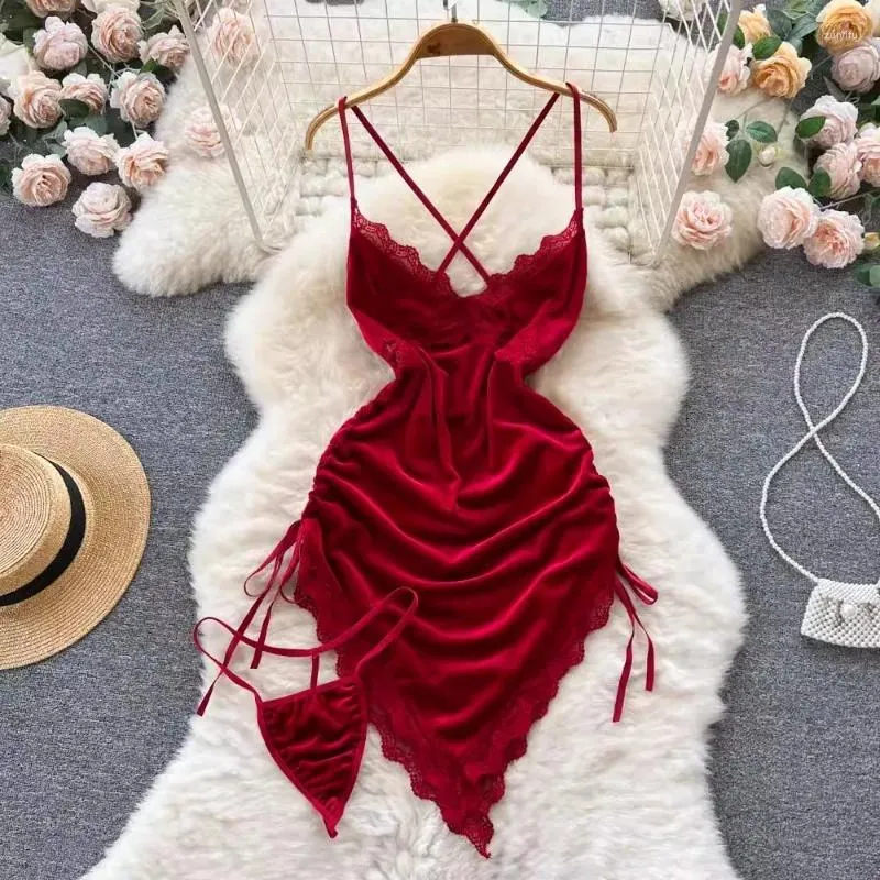 Casual Dresses Women Sexy Deep V Lace V-neck Low Cut Irregular Wrapped Hip Velvet Suspended Strap Spicy Girl Open Back Purely Dress 2024