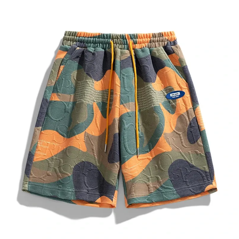 Fashion Printed Lace Up Camouflage Board Shorts Mens Clothing 2024 Summer Loose Korean Elastic High Waist Casual Shorts240408