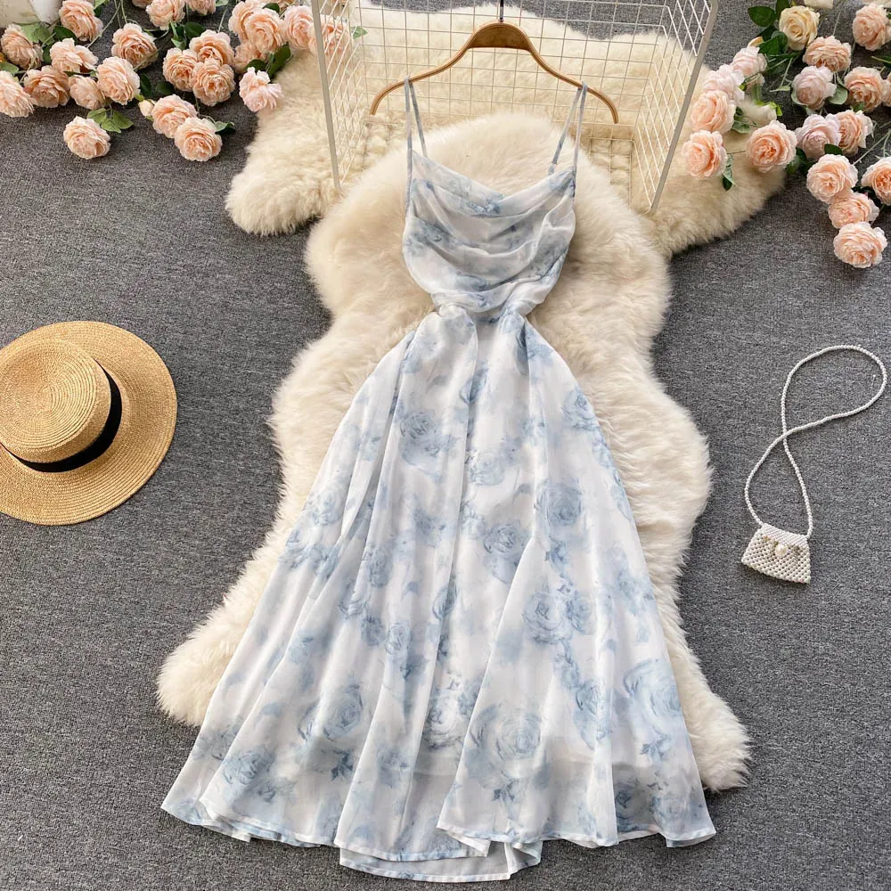 Chic Floral Cut Out Slip Dress Elegant Korean Fashion Fairy Dresses High midja A-Line Vestidos Summer Women Beach sundress Y2K 240328