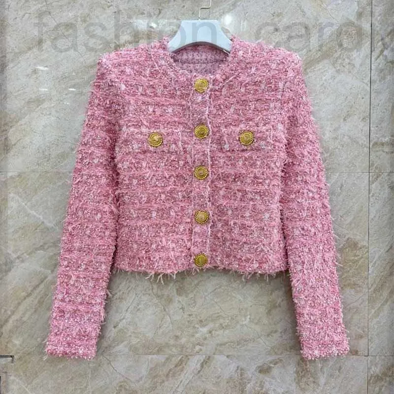 Женские куртки дизайнер 2024 Spring Girls 'Возраст, снижающий темперамент, маленький аромат, металлическая пряжка, круглая шея розовая короткая пальто Bozp
