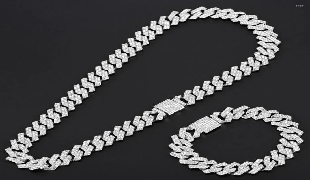 Ketten 15mm Miami Prong Cuban Kettenkettenglied Silberfarbe Halsketten 2 Reihen Vollfahrt -Strass -Armband Set für Herren Hip Hop8398901