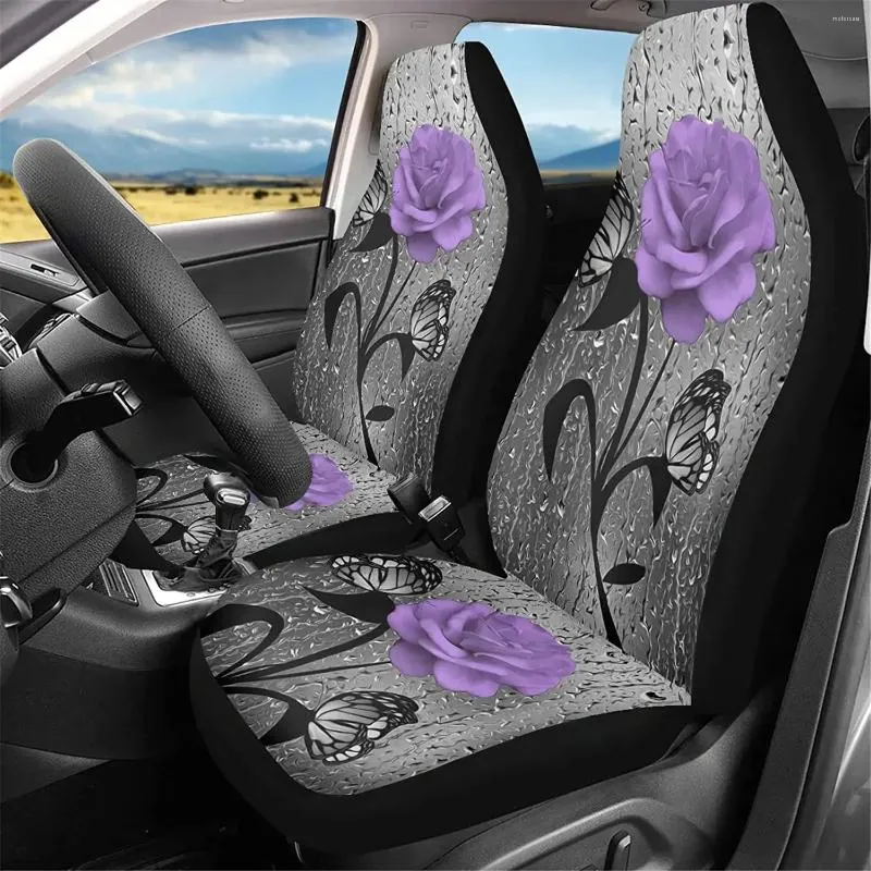 Bilstol täcker lila tillbehör för kvinnliga flickor rosfjäril täcker framsäten endast mjuk flexibel dekorativ