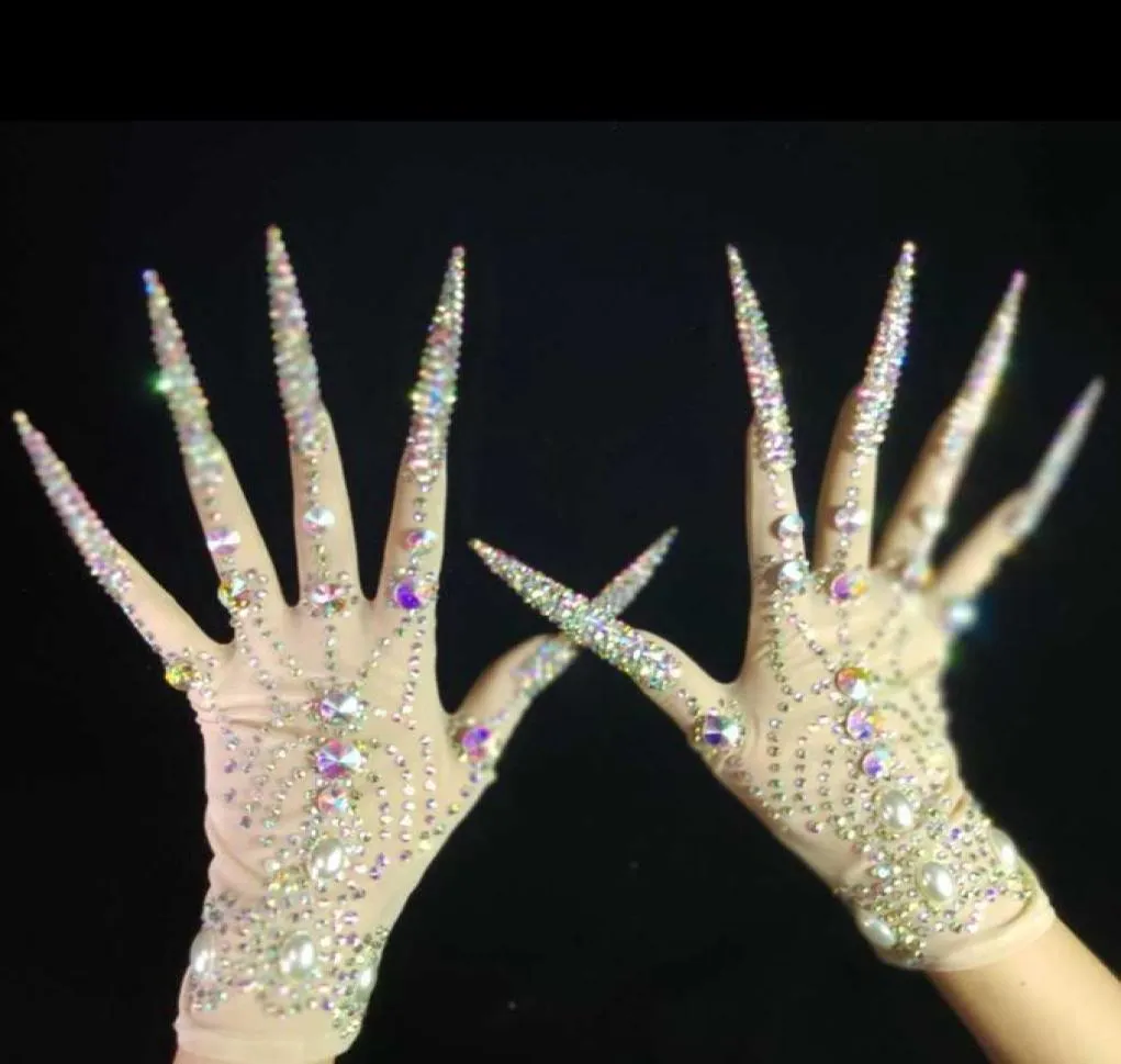 Fingerlösa handskar lyxiga ab strasspärlor plus längd naglar handskar kvinnor mode drag drottning outfit nattklubb scen prestanda8810184