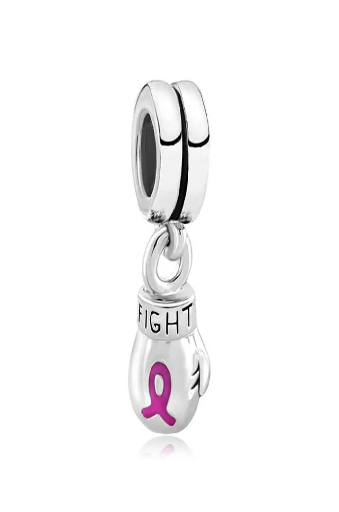 Rhodium plätering rosa band slåss mot bröstcancer medvetenhet dingle spacer pärla europeisk armband pärla för armband7902189