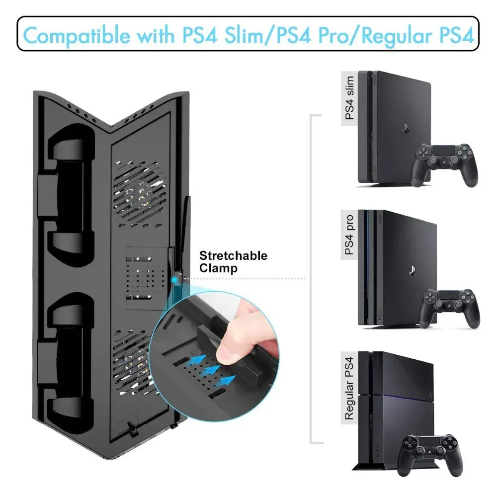 Stands PS4 Slim/Pro Universal Vertical Stand com Dual Controller Charger Station Fan de resfriamento Storage 14 jogos para a estação de jogo 4 ps4