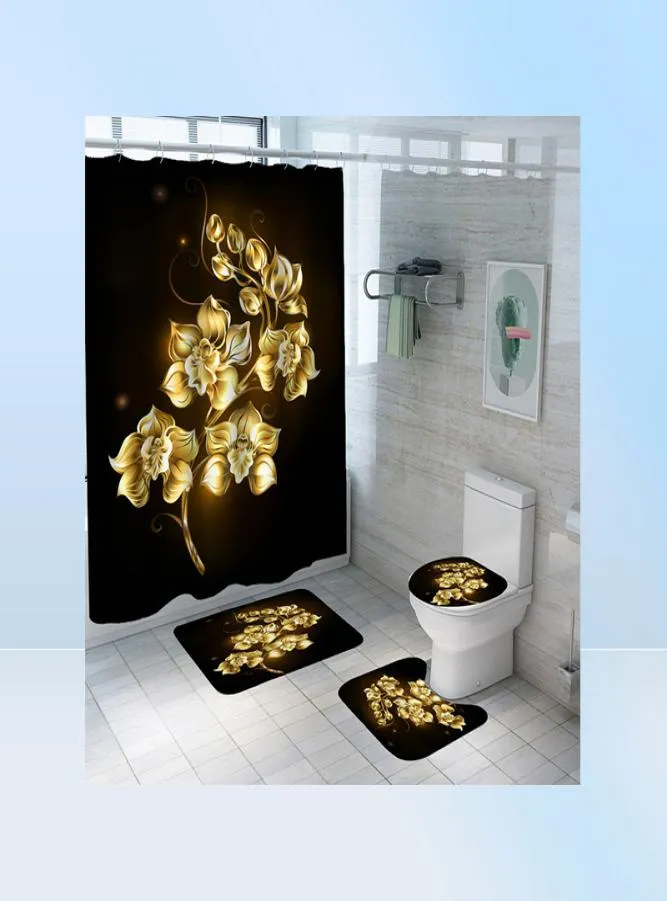 Blue Blue Golden Rose étanche rideau de douche de douche Set Toilet Cover Mat Nonslip Bath Tapis Salle de bain Valentin039s Journée Christmas de2696874