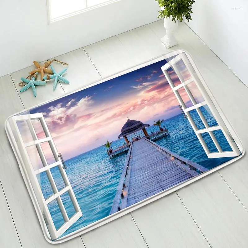 Badmattor 3D Ocean Window View Non-Slip Mat Animals Birds Inomhus Absorberande golv sovrum kök Dörrat tvättbar hemmatta