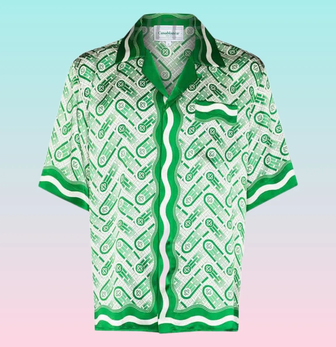 Casablanca 2022 Novas camisas masculinas Prairie Green Print Unisex Loose British Silk Shirt Sleeve Designer Tees Womens Loose Summer5166732