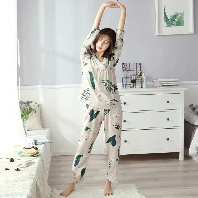 Home kleding vrouwen pyjama satijnen slaapkleding pijama draag zijden pyjama pak bloem print zoete schattige slaap lounge mode