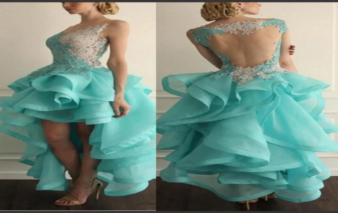Sexy lichtblauw hoge lage bal jurk prom jurken gelaagde organza mouwloze jurken voor feestjurken2026438