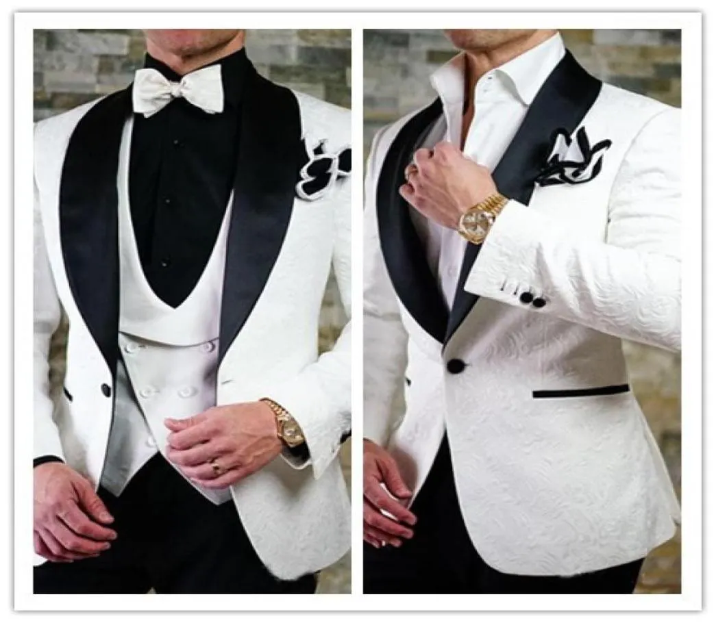 2018年、白人と黒のペイズリー新郎タキシードス結婚式スーツ英国スタイルのカスタムメイドメンズスーツスリムフィットBlazerSuitPantves9908522