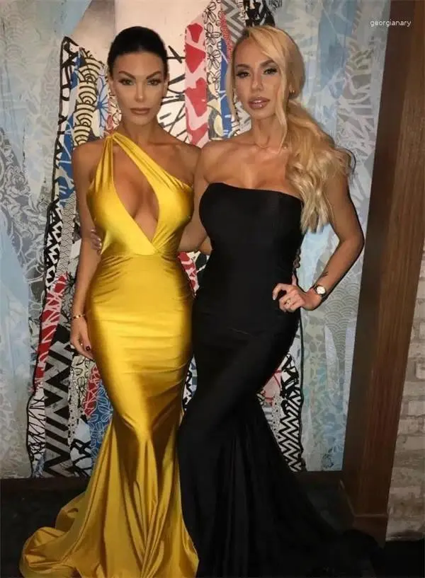 Party Dresses Sexy Simple Different Style Yellow Black Mermaid Prom Dress One Shoulder Backless Sweep Train Evening Gowns Formal