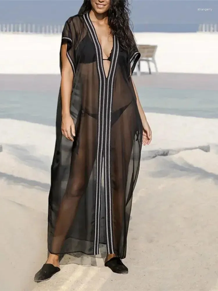 Sukienki imprezowe 20241 Sexy See przez letnią sukienkę plażową w dekolcie w dekolcie dla kobiet szyfonowa tunika plażowa w rozmiarze przezroczystą maxi Q933