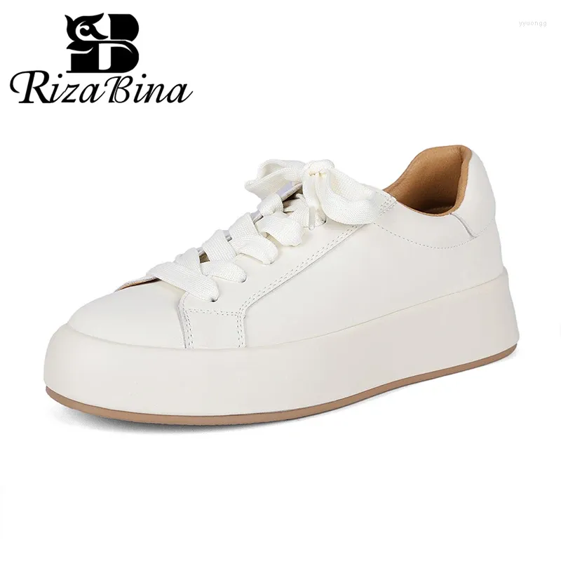 Повседневная обувь Rizabina Женщины кроссовки подлинная кожаная платформа толстая подошва -воздушная леди плоская обувь студентка теннис спорт белая обувь