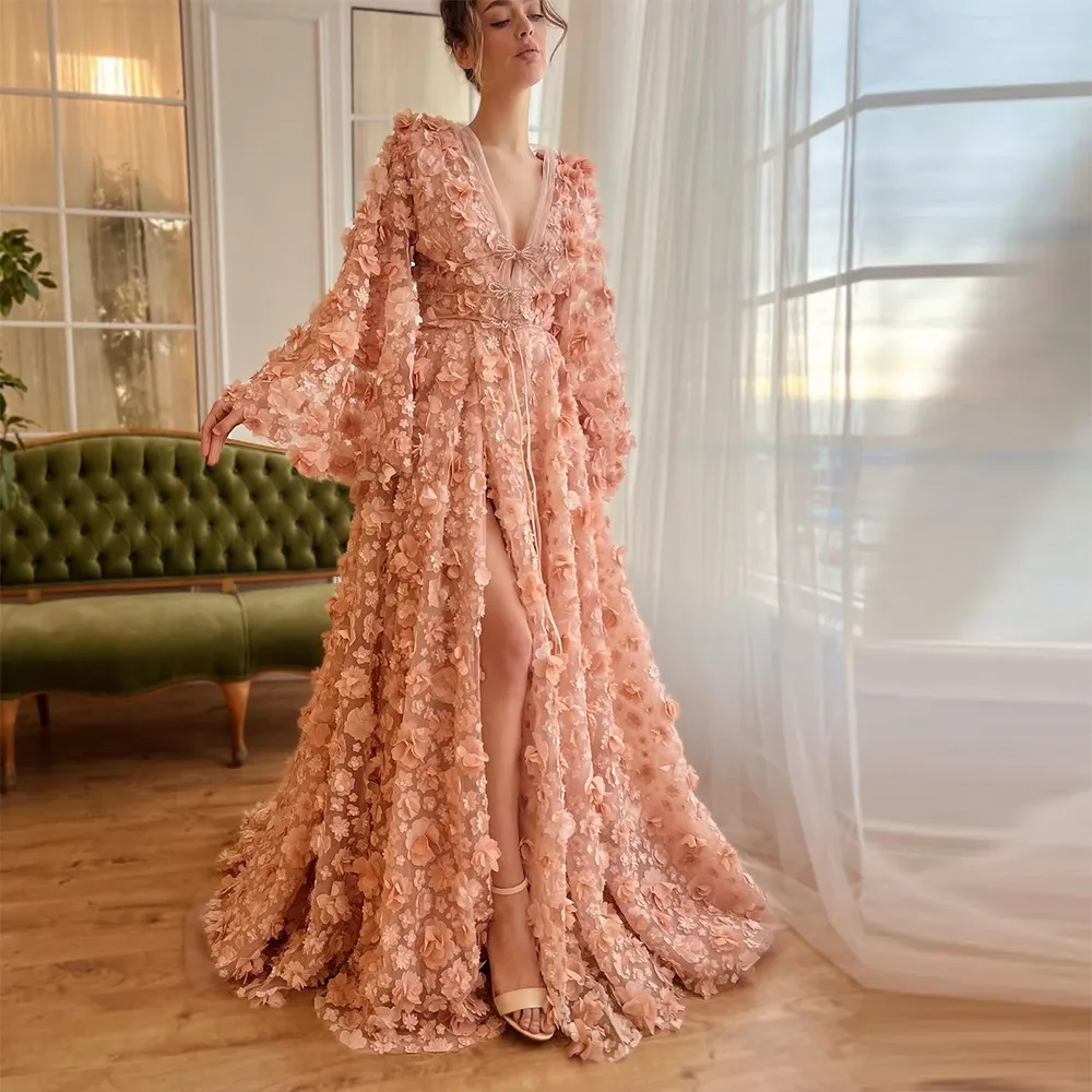 Pink 3D Floral Embroidered Lace Prom Dress Floor-Length V-Neck A-Line  Wedding Evening Gown with Side Split from Dhgate Wedding Flowers - price  212.26