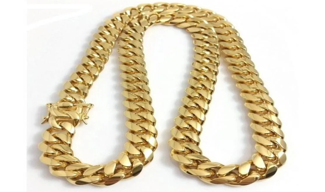 Edelstahlketten 18K Gold plattiert hochpolierter Miami Cuban Link Halskette Punk 14mm Bordsteinkette Doppel Sicherheitsverschluss 18inch6570006