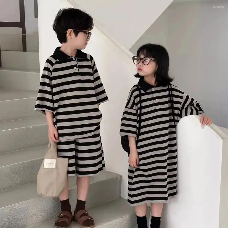 Clothing Sets Summer Korean Children Sibling Look Clothes Set Cotton Striped Polo Dress Half Sleeve Top Loose Knee-length Shorts Baby Boy