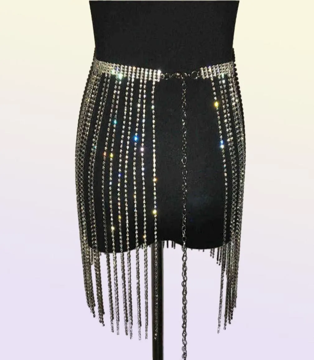 Glitter Rhine Lange Tassel Jewel rokken Crystal Diamonds Fringe verstelbare sexy vrouwen Summer Beach Bikini Mini Rok T2208195354276