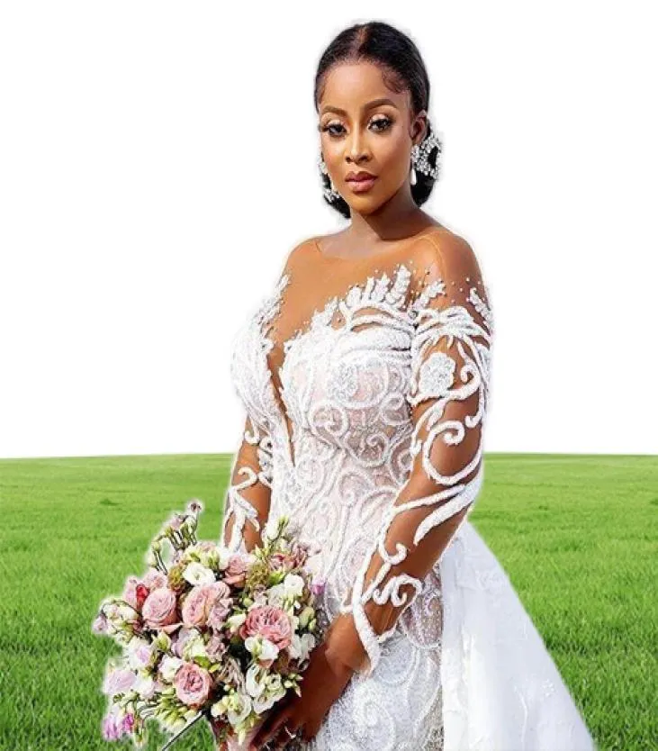 Plus Size Mermaid Wedding Dresses with Detachable Train 2022 Lace Beaded Sheer Neck Illusion Long Sleeve Civil Bridal Gown Robe de9112223