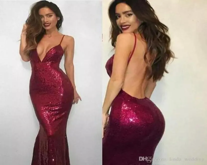 2019 Burgoundy Sexy Deep V Neck Dress Mermaid Sequined Formal Holidays Wear Graduation Night Party Gown Custom Hade 5767336