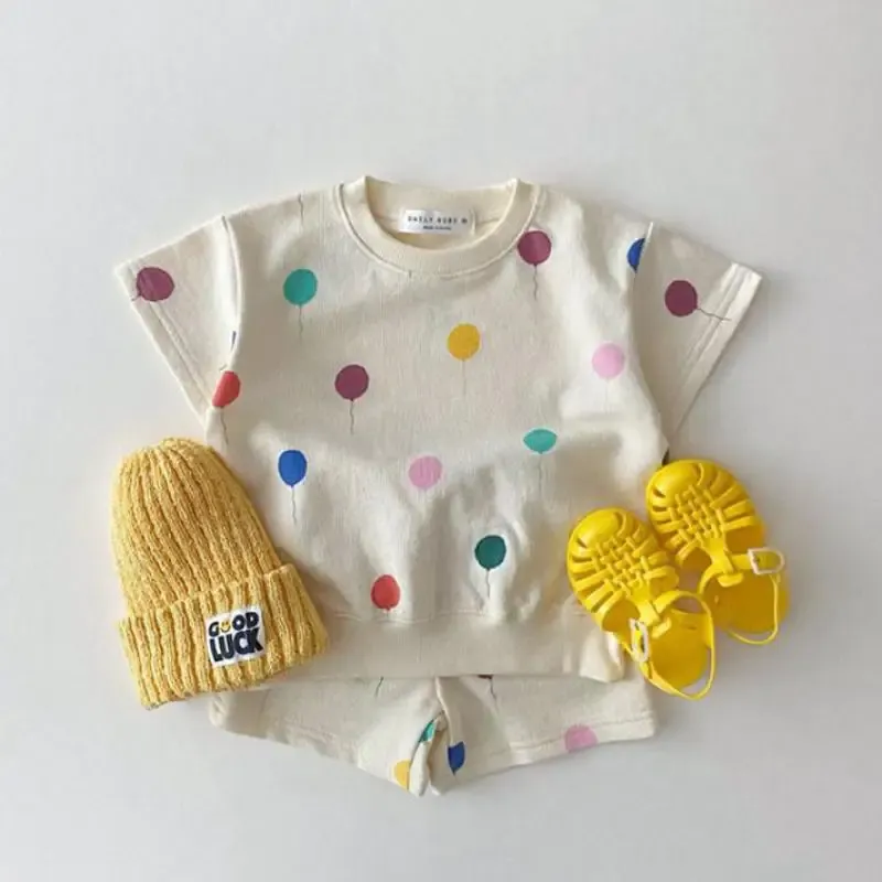 Shorts New Kids Baby Cute Balloon Print Clothing Set Girls Boys Bomull Kort ärm Sweatshirts Set Children Sport Shorts Suit