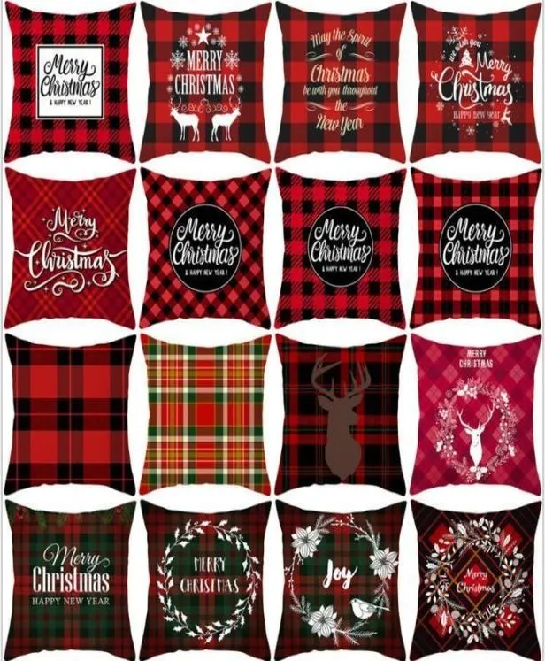 Christmas Pillow Covers Red Plaid Elk Throw Pillow Case Square Sofa Pillowcase Plaid Printing Couch Cushion Cover Christmas Decor5051717