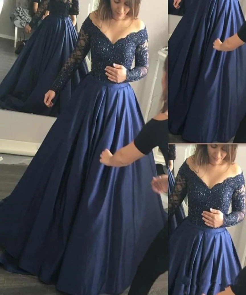 2019 Dark Navy Blue Satin Lace Plus Size Prom Dresses Ball Gown V Neck Long Sleeves Evening Dresses Custom Made Formal Gowns1943827