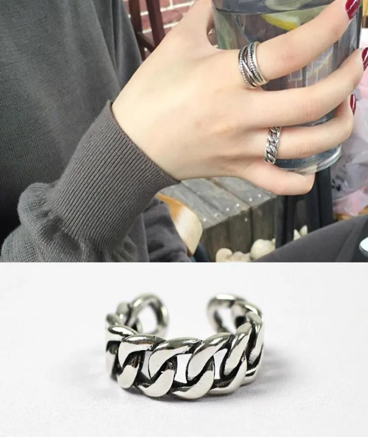 Rockart 100 925 Sterling Silver Personlig platt tjock kedja Öppen Ring för kvinnor Justerbara modesmycken Korean Designer6365351