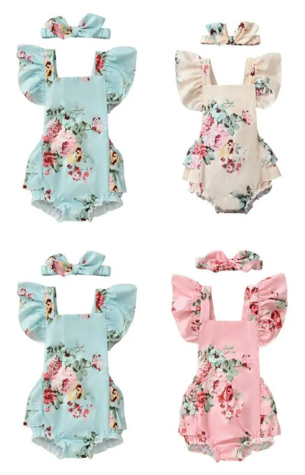 Retailwhole Baby Girls Floral Rober avec un bandeau d'arc 3 couleurs nouveau-né pour enfants à mouche à volant princesse Onepiece JUM2891227