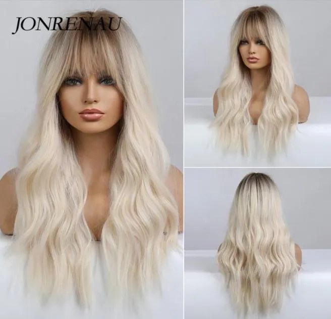 Synthetische pruiken Jonrenau Wavy Blonde Platinum voor vrouwen met pony ombre Dark Long Wave Wig Party Dagelijkse hittebestendige vezelhaar5549276