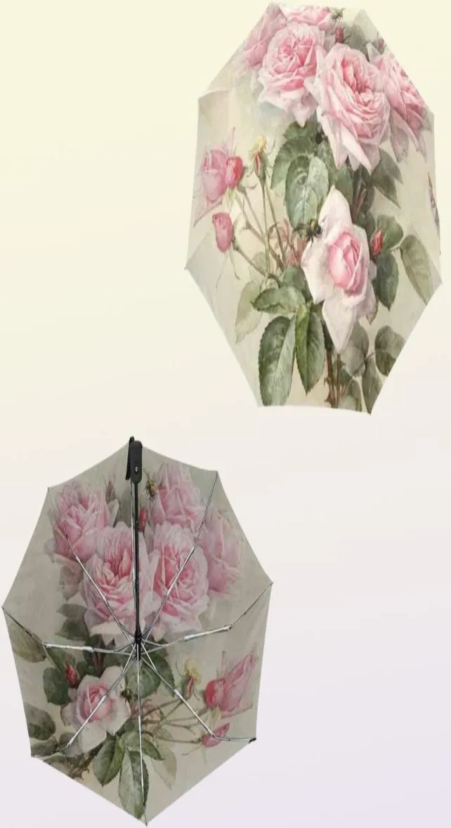 Vintage Shabby Floral Print Kobiety Parasol deszczowy Chic Różowy róża Three Folding Girl Trwała przenośna automatyczna parapluie 2112271944756