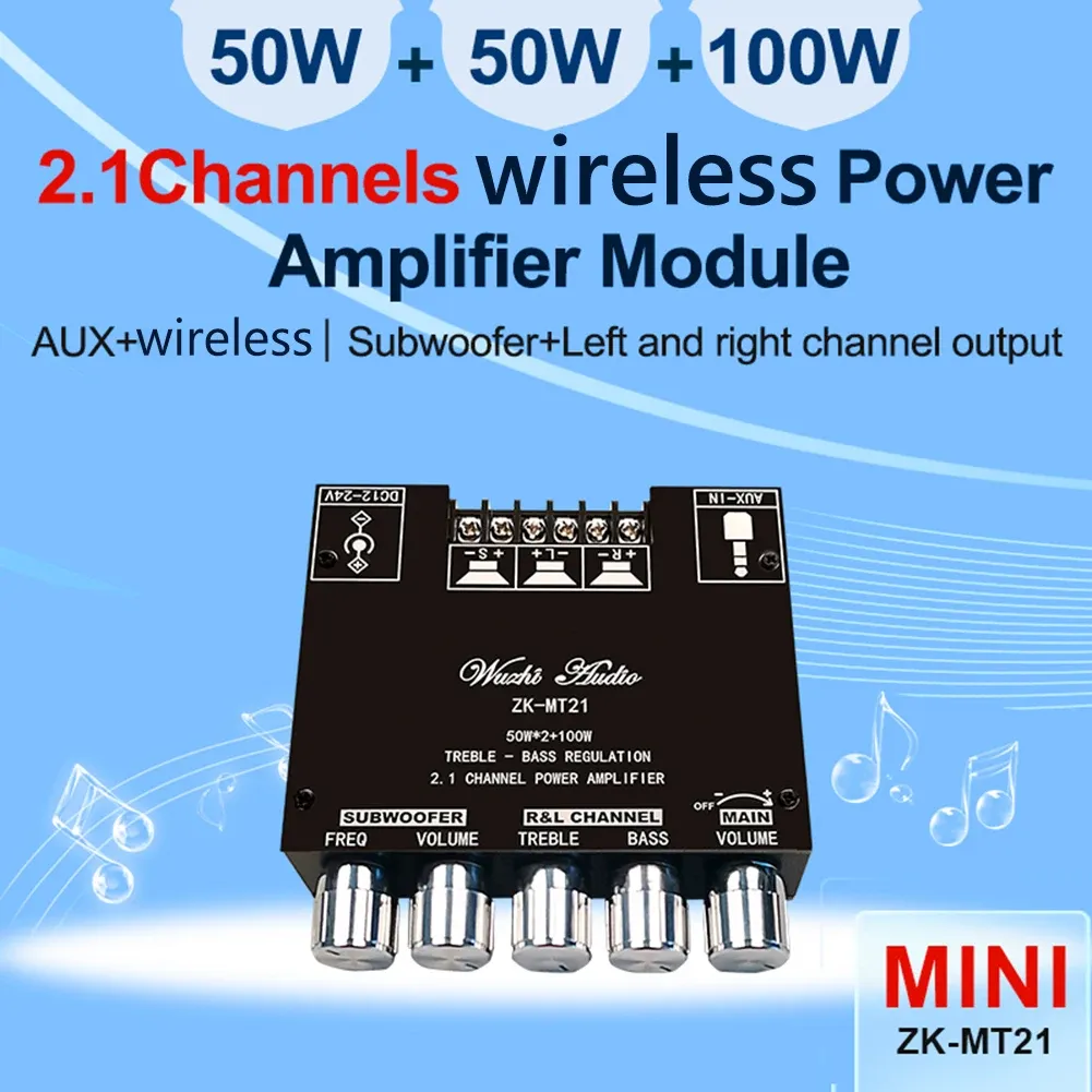 Усилитель ZKMT21 2x50W+100W 2.1 канал Subwoofer Subwoofer Digital Power Board Aux 12V 24V Audio Stereo Bluetooth 5.0 Bass Amp для дома