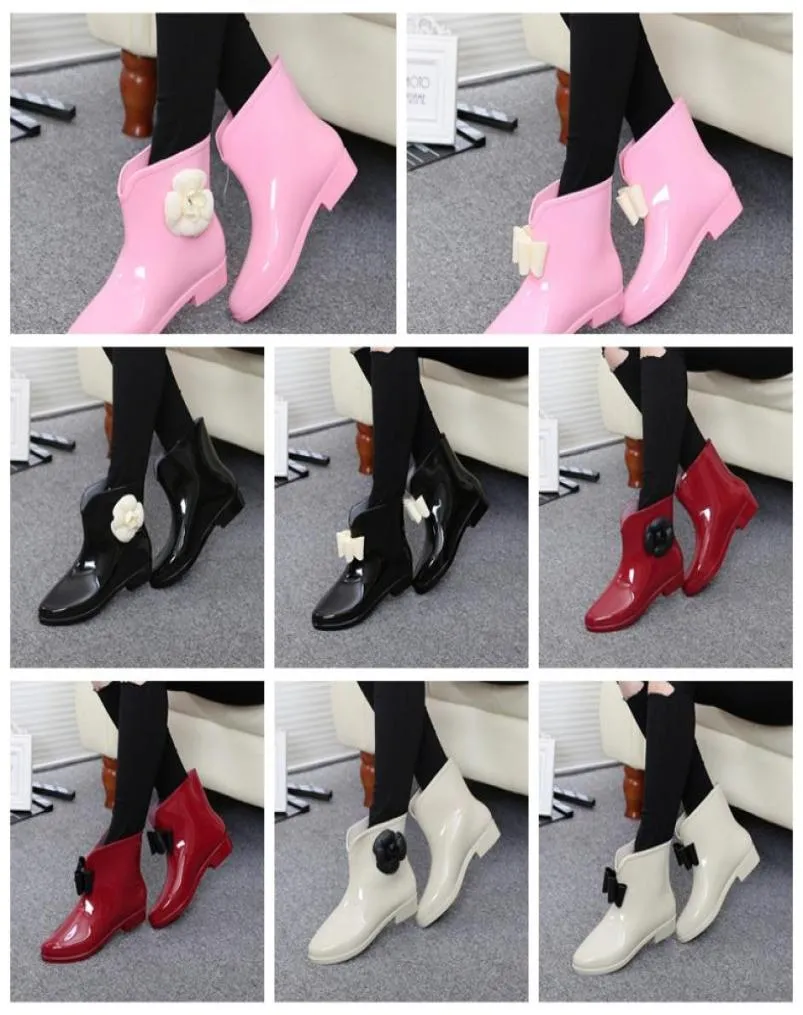 2022 Women Rain Boots galoshes south Korean style with flower bowknot antiskid low short Wellington water shoes rubber shoes add v8182143