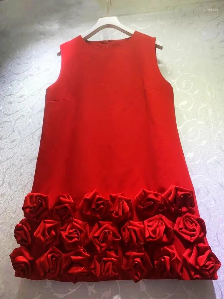 Robes décontractées Verdejuliyy Femmes mini-robes Designer Fashion Fashion Sumvel Sans manches rouges noir Remantic Rose Flower 3D Appliques Holiilles
