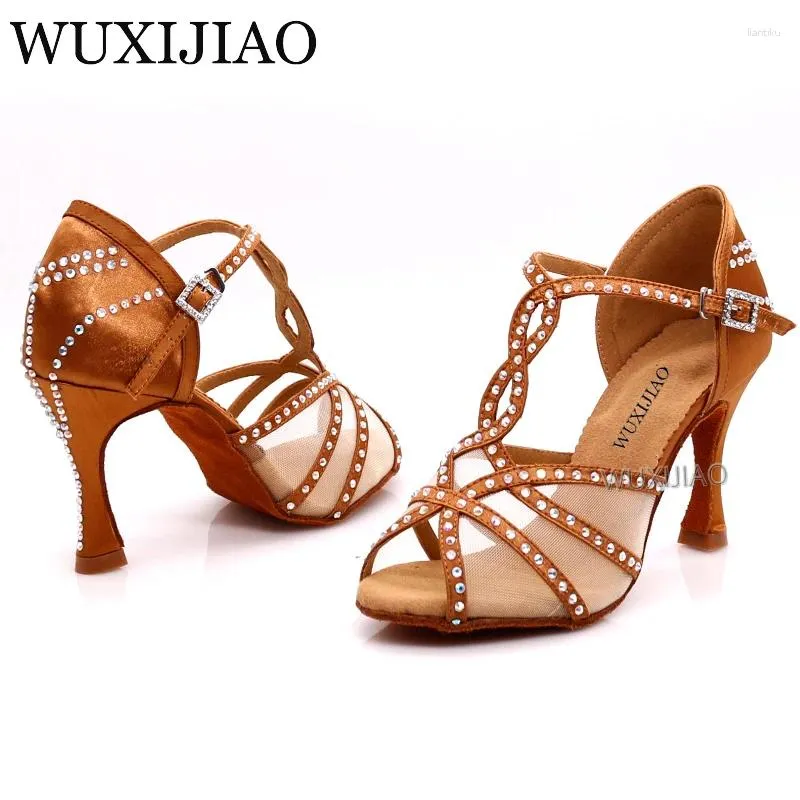 Chaussures de danse wuxijiaolatin dîner féminin bronze peau noire en satin et strass brillantes salsa talons hauts 9 cm