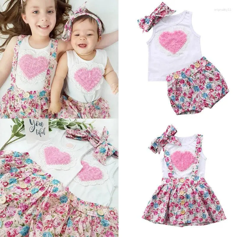 Kleidung Sets Schwester passende Outfits Baby Girl Kleidung Set Herz Formform Tanktops Weste Blumenrock Shorts Stirnband 0-6y Kinder Kinder