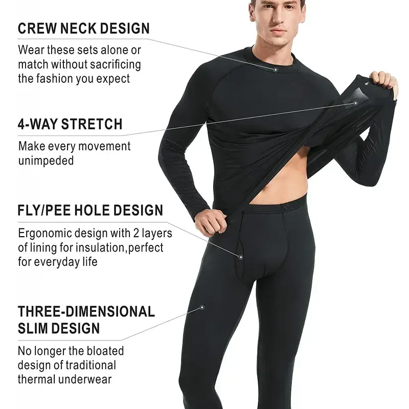 Mens Thermal Base Layer Long Johns Set Polyester Spandex Crew Neck Warm  Winter Underwear
